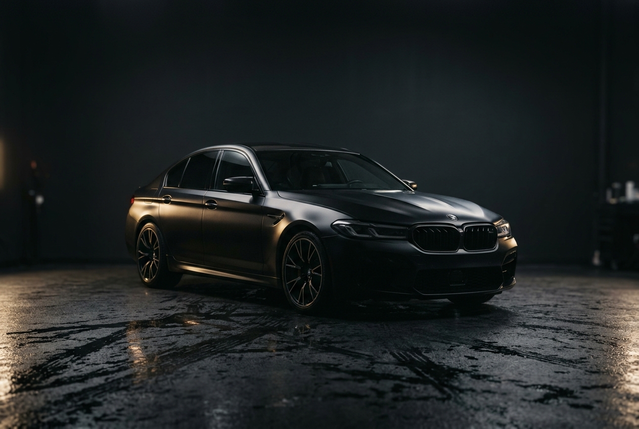A black sedan lit from above on the wet floor of a detailing bay